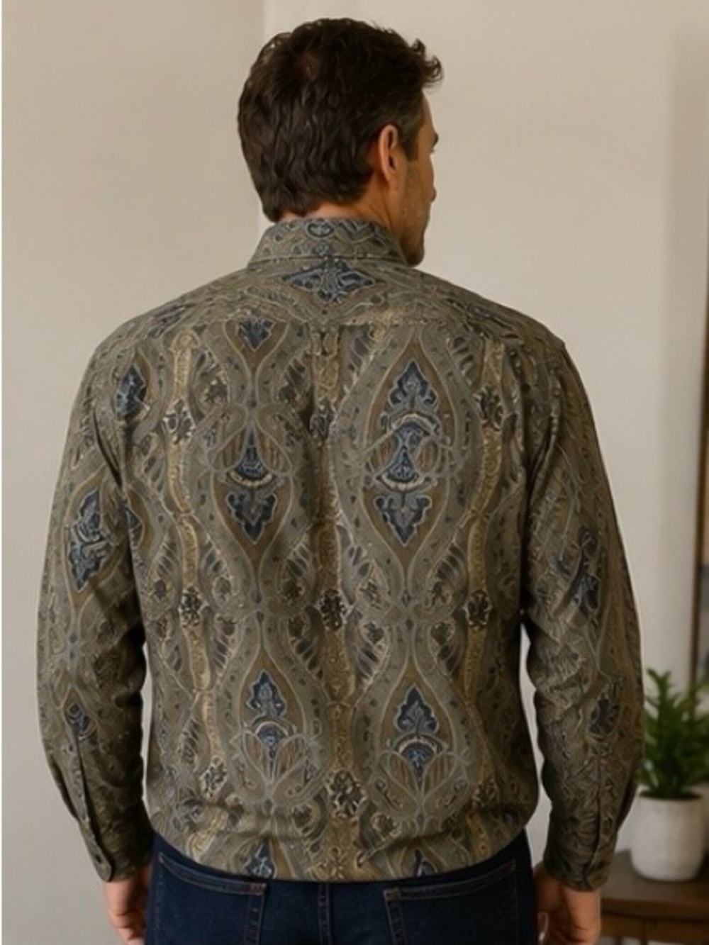 Chaps Ralph Lauren XL Paisley Button Down Shirt Olive Blue Vintage Style - Picture 4 of 5